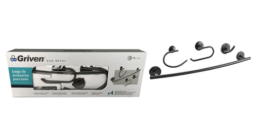 [7-122] ACCESORIO DE BAÑO 4 PZA METALICO GRIVEN GUN METAL 7-122