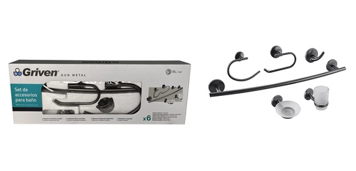 [7-123] ACCESORIO DE BAÑO 6 PZA METALICO GRIVEN GUN METAL 7-123