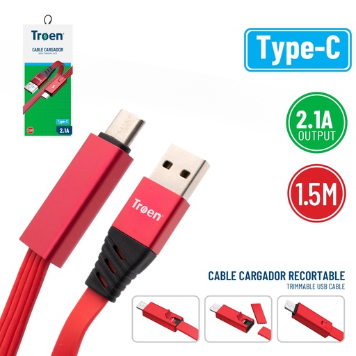 [7-222] CABLE USB TIPO C 1,5 MTS 2.1 AMP ROJO TROEN 7-222