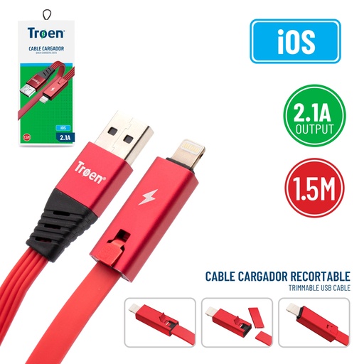 [7-223] CABLE USB iOS 1,5 MTS 2.1 AMP ROJO TROEN 7-223