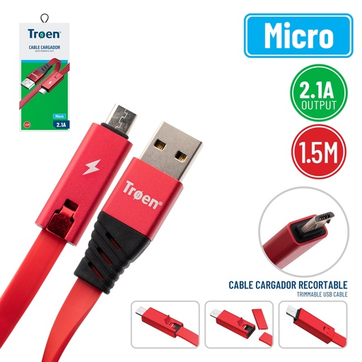 [7-224] CABLE MICRO USB 1,5 MTS 2.1 AMP ROJO TROEN 7-224