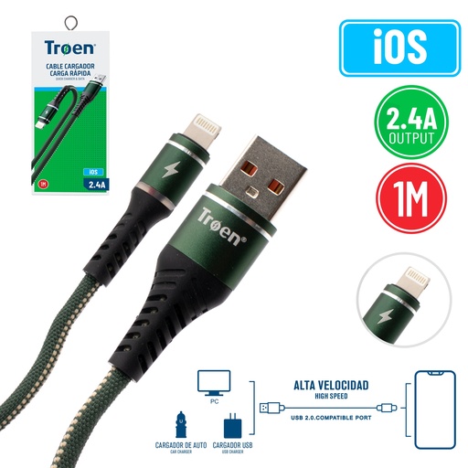 [7-226] CABLE USB iOS 1 MTS 2.2 AMP NEGRO TROEN 7-226