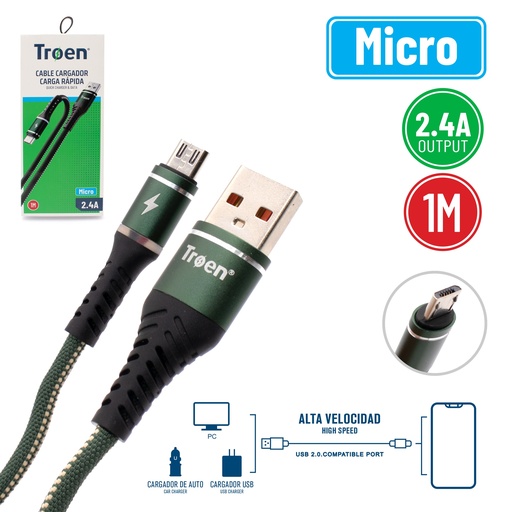 [7-227] CABLE MICRO USB 1 MTS 2.4 AMP NEGRO TROEN 7-227