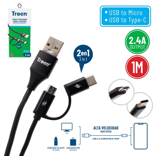 [7-228] CABLE USB TIPO C / MICRO 1 MTS 2.4 AMP NEGRO TROEN 7-228