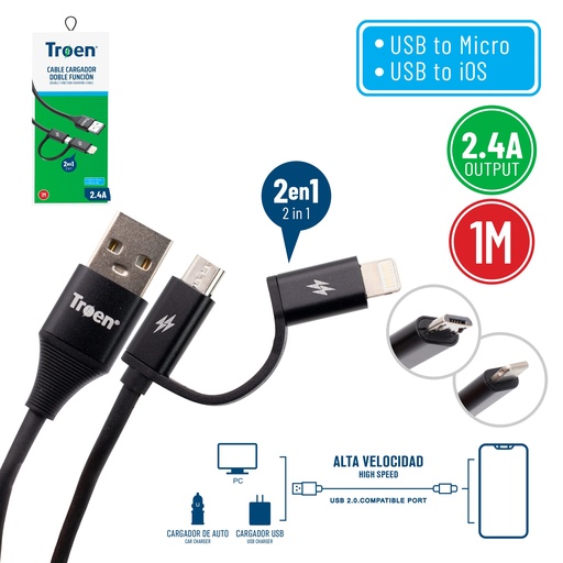[7-229] CABLE USB DOBLE FUNCION iOS Y MICRO 1 mts NEGRO TROEN 7-229