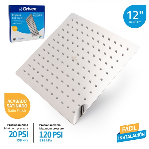 [7-340] REGADERA CUADRADA SATINADA 12¨ GRIVEN 7-340