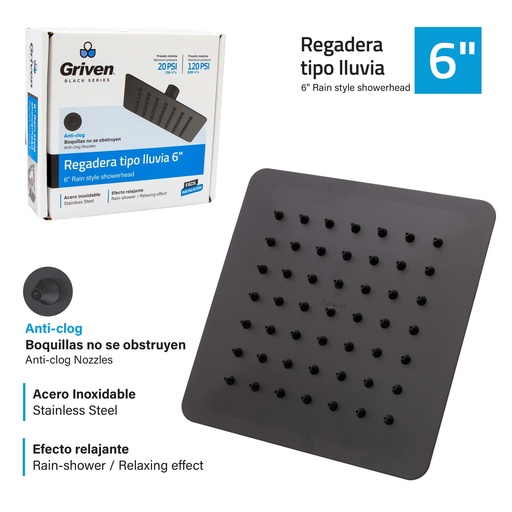 [7-342] REGADERA CUADRADA 6¨ GRIVEN BLACK 7-342