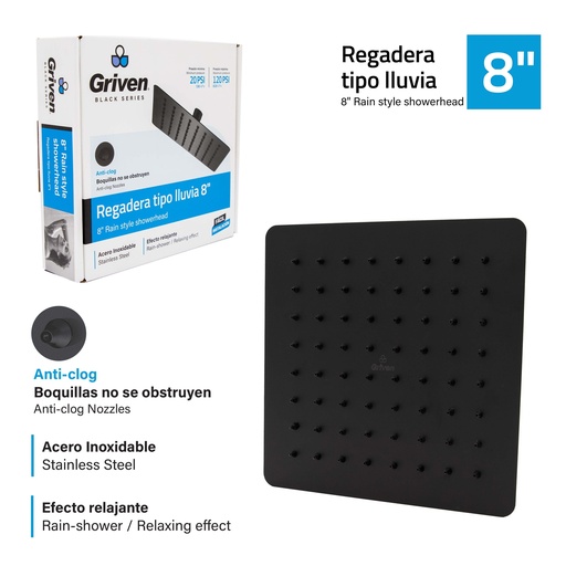 [7-344] REGADERA CUADRADA 8¨ GRIVEN BLACK 7-344