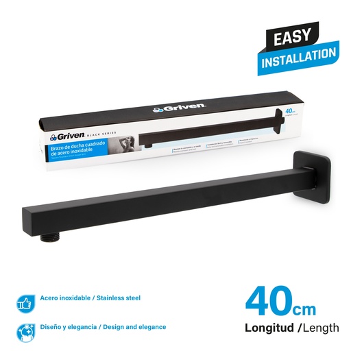 [7-349] [7-349] BRAZO P/REGADERA CUADRADA 40 CM GRIVEN BLACK 7-349