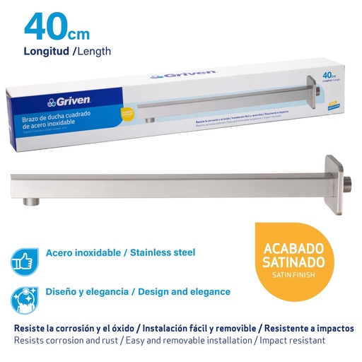 [7-351] BRAZO P/REGADERA CUADRADA SATIN 40 CM GRIVEN 7-351
