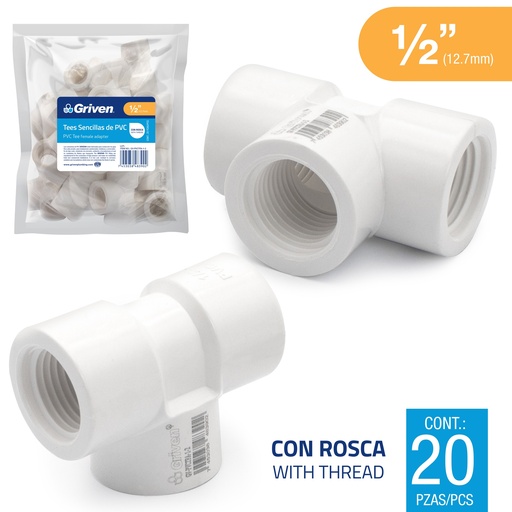 [7-421] TEE PVC ROSCADA 1/2" GRIVEN 7-421