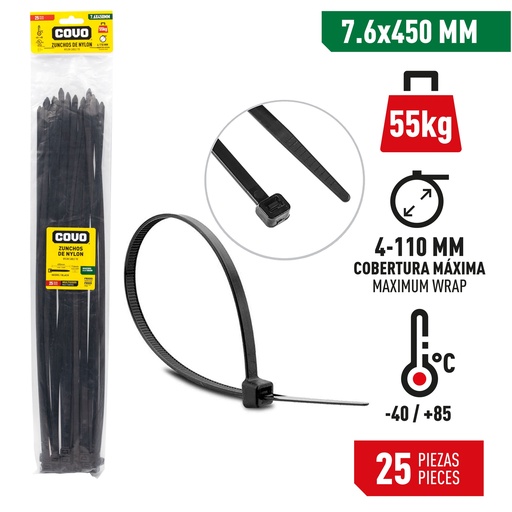 [7-473] TIRRAP 7.6mm x 450mm x  25 UNID NEGRO COVO 7-473