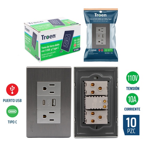 [7-535] TOMA DOBLE C/TIERRA C/PUERTO USB + TIPO C GRIS TROEN 7-535