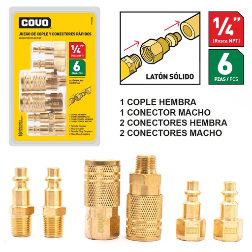 [7-801] ACOPLES P/COMPRESOR 6 PIEZAS BRONCE COVO 7-801