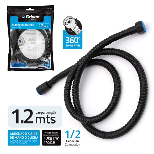 [7-834] MANGUERA P/DUCHA TELEFONO 1.2MTS GRIVEN BLACK 7-834