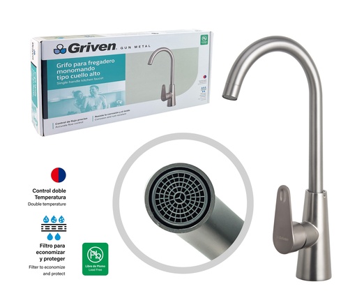 [7-843] LLAVE FREGADERO MONOMANDO GRIVEN GUN METAL 7-843