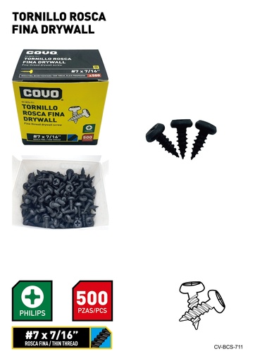 [7-887] TORNILLOS DRYWALL R. FINA 7 x 7/16" x 500 UNID COVO 7-887