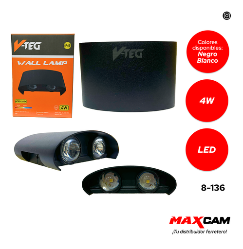 [8-136] LAMPARA APLIQUE NEGRA P/PARED 4W LUZ CALIDA V-TEG 8-136