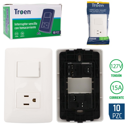 [5-203] INTERRUPTOR SENCILLO+TOMA BLANCA HUESO TROEN 5-203