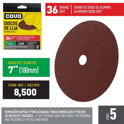 [5-251] DISCO DE LIJA 7" GRANO 36 x 5 UNID COVO 5-251