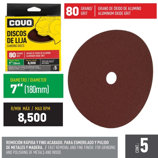 [5-253] DISCO DE LIJA 7" GRANO 80 x 5 UNID COVO 5-253