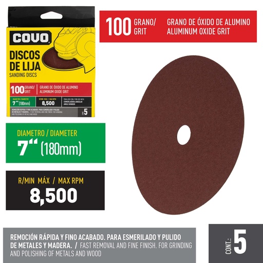 [5-254] DISCO DE LIJA 7" GRANO 100 x 5 UNID COVO 5-254