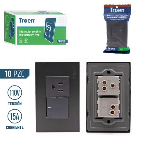 [5-300] INTERRUPTOR SENCILLO+TOMA NEGRO TROEN 5-300