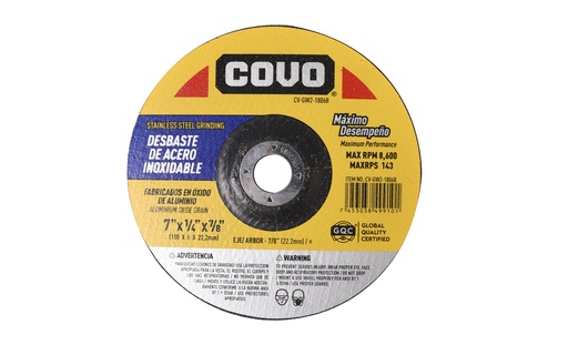 [5-484] DISCO DESBASTE ACERO INOX x 7" 1/4" 7/8" COVO 5-484
