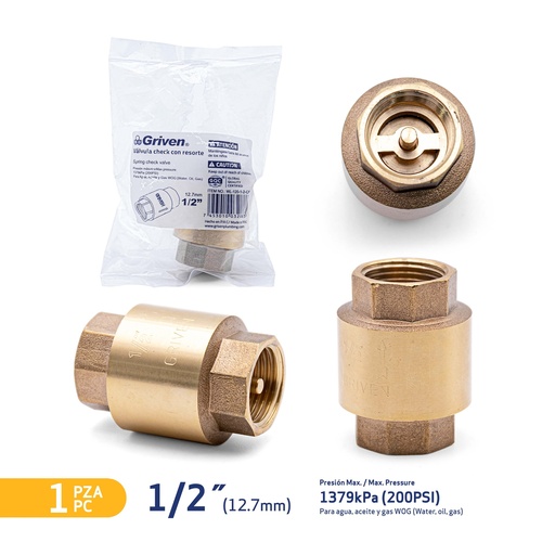 [5-500] VALVULA CHECK BRONCE x 1/2" ASIENTO BRONCE GRIVEN 5-500