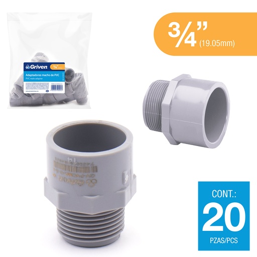 [5-917] ADAPTADOR MACHO AGUA FRIA x 3/4 GRIS GRIVEN 5-917