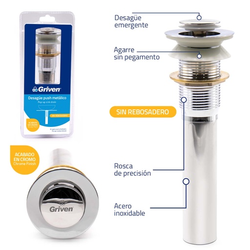 [5-981] DESAGUE LAV METALICO PUSH SIN REBOSADERO GRIVEN 5-981