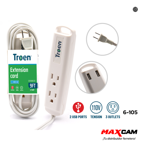 [6-105] EXTENSION ELECTRICA 2.74M C/REGLETA 2 TOMAS TROEN 6-105