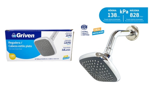 [6-209] REGADERA CUADRADA 9.5CM PLAST/CROMADO C/TUBO GRIVEN 6-209