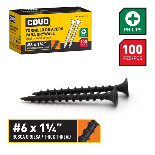 [6-484] TORNILLOS DRYWALL R. GRUESA 6 x 1 1/4" x 100 UNID COVO 6-484