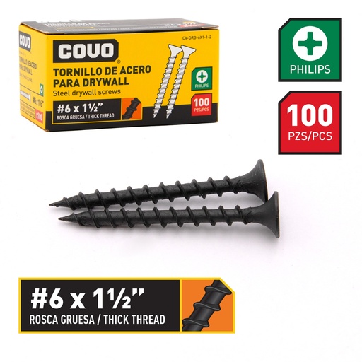 [6-485] TORNILLOS DRYWALL R. GRUESA 6 x 1 1/2" x 100 UNID COVO 6-485