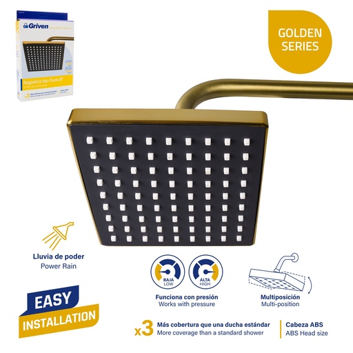 [6-614] REGADERA CUADRADA 8" TIPO LLUVIA GRIVEN GOLD 6-614