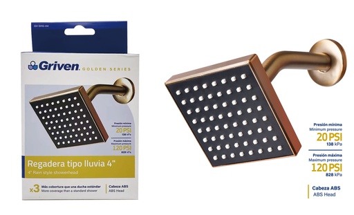 [6-624] REGADERA CUADRADA 4" TIPO LLUVIA GRIVEN GOLD 6-624