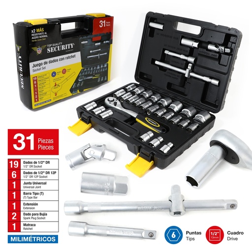 [6-840] JUEGO DADOS C/RACHET 1/2" 31PCS SECURITY 6-840