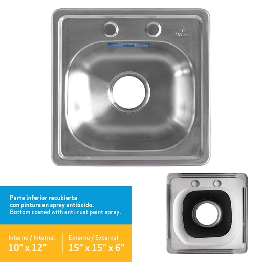 [6-965] FREGADERO ACERO INOX SENCILLO 15"x15"x6" GRIVEN 6-965