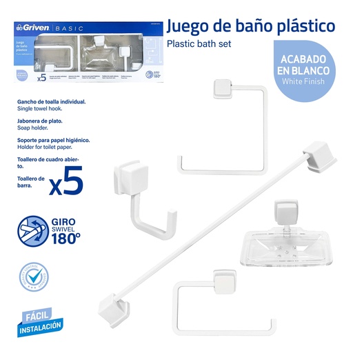 [9-872] ACCESORIO DE BAÑO 5 PZAS PLAST/BLANCO GRIVEN 9-872