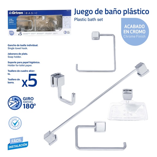 [9-870] ACCESORIO DE BAÑO 5 PZAS PLAST/CROM GRIVEN 9-870