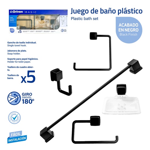 [9-871] ACCESORIO DE BAÑO 5 PZAS PLAST/NEGRO GRIVEN 9-871