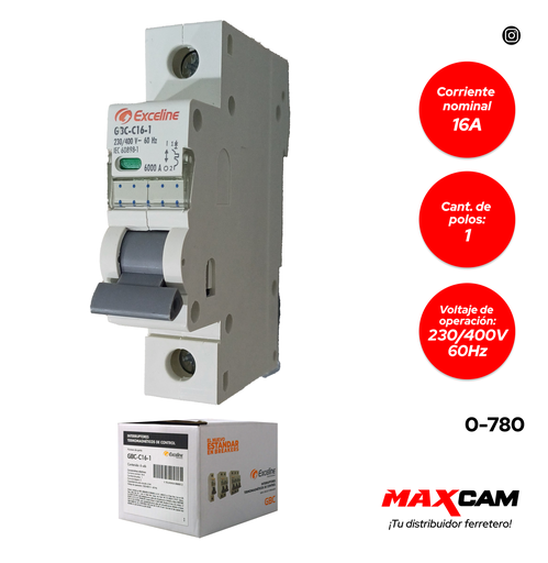 [0-780] [0-780] BREAKER TERMOMAGNETICO 1P x 16 AMP EXCELINE 0-780