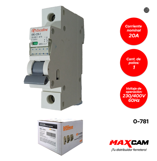 [0-781] BREAKER TERMOMAGNETICO 1P x 20 AMP EXCELINE 0-781