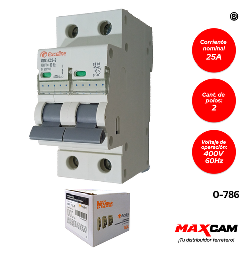 [0-786] [0-786] BREAKER TERMOMAGNETICO 2P x 25 AMP EXCELINE 0-786