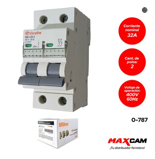 [0-787] BREAKER TERMOMAGNETICO 2P x 32 AMP EXCELINE 0-787