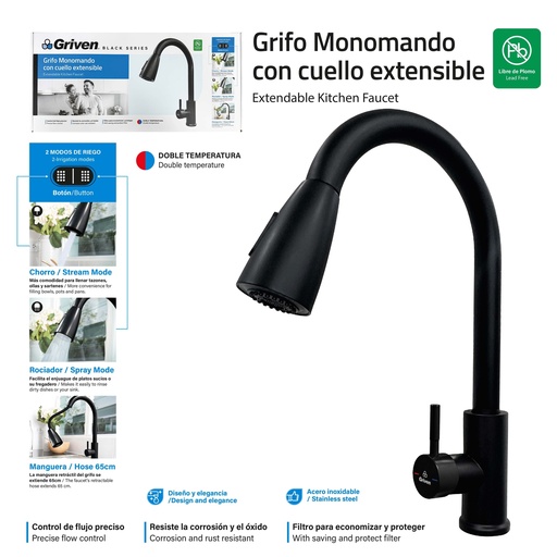 [9-767] LLAVE FREGADERO MONOMANDO EXTEN GRIVEN BLACK 9-767