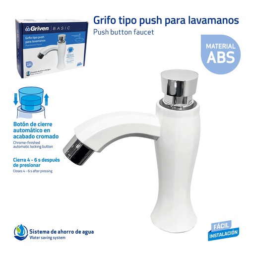 [10-055] LLAVE LAVAMANO PLAST PUSH BLANCO GRIVEN BASIC 10-055