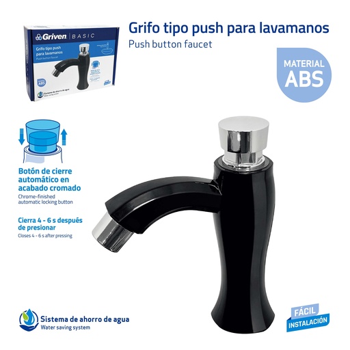 [10-054] LLAVE LAVAMANO PLAST PUSH NEGRO GRIVEN BASIC 10-054