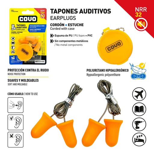 [10-093] TAPONES ANTI RUIDO P/OIDOS 2 PARES COVO 10-093